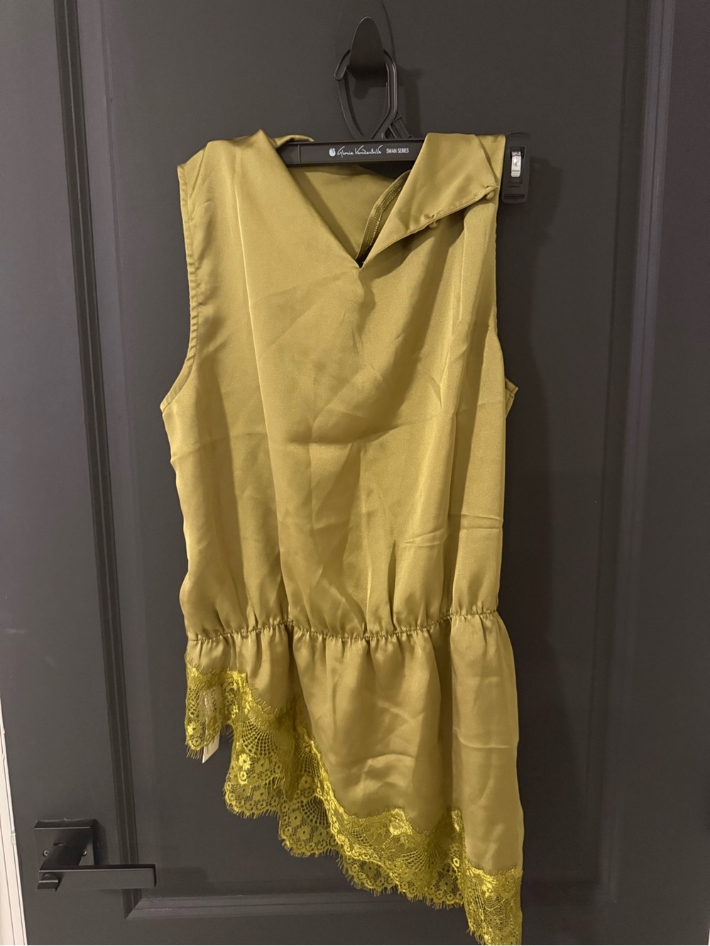 Commense Olive Green Satin Top with Lace Trim - Picture 2 of 3